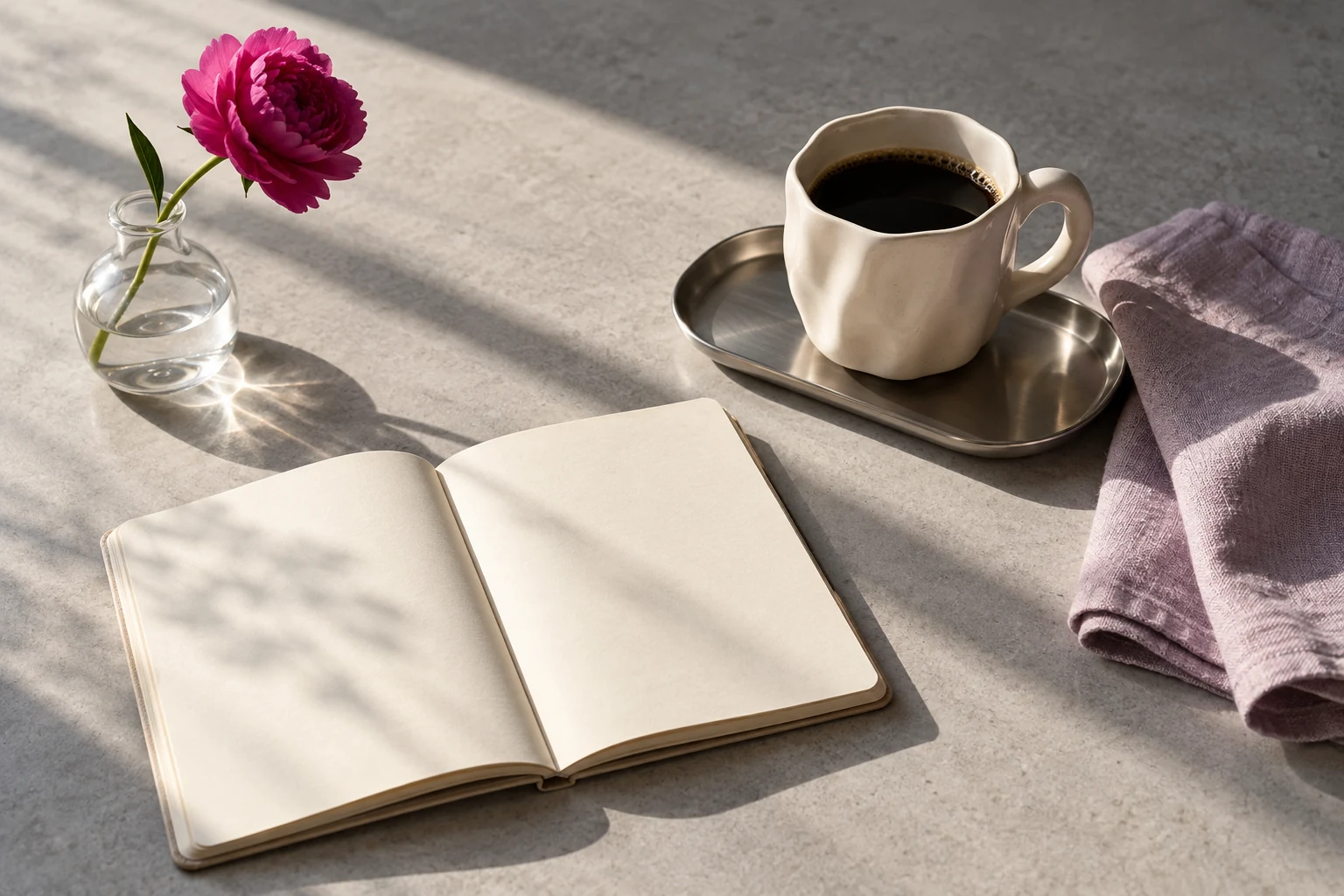 An illustrative morning ritual: coffee, an open notebook and a fuchsia flower in natural light