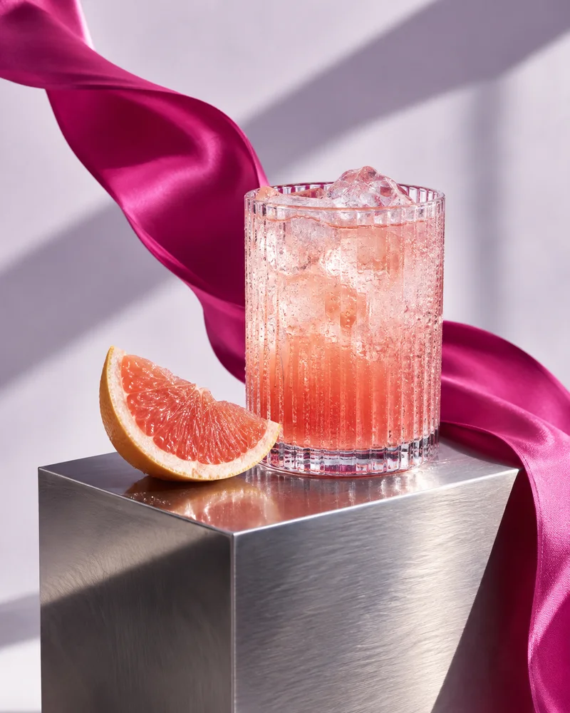 Pink grapefruit soda, chrome and a flowing fuchsia ribbon in an illustrative AI-generated campaign